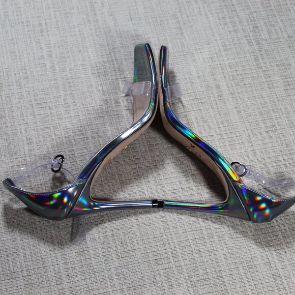 NWOT Stuart Weitzman Size 6.5 Silver and Clear Square Toe 4" Heels - Picture 4 of 6